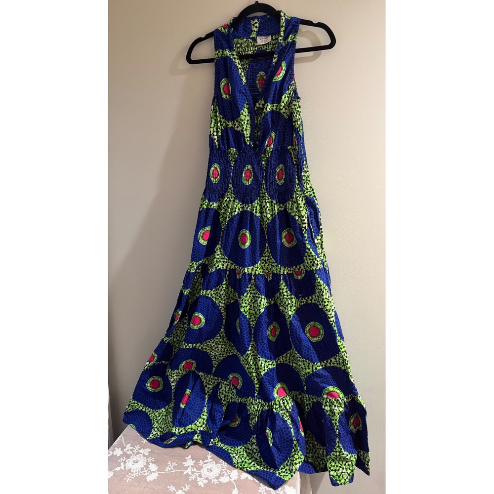 African Stars Maxi Dress Womens OS‎ Blue Green Cotton Wax Print Smocked Tiered